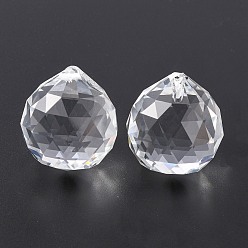 Clear Faceted Round Glass Pendants, Clear, 23~25x21mm, Hole: 2mm