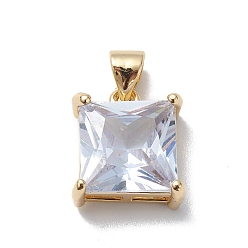 Clear Brass Cubic Zirconia Pendants, Cadmium Free & Lead Free, Real 18K Gold Plated, Long-Lasting Plated, Square Charm, Clear, 13.5x11.5x6mm, Hole: 5x3mm