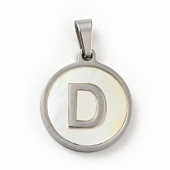 Letter D 304 Stainless Steel with White Shell Pendants, Stainless Steel Color, Flat Round with Letter Charm, Letter.D, 18x16x1.5mm, Hole: 3x6mm