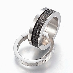 Gunmetal & Acero Inoxidable Color 304 de acero inoxidable colgantes de óxido de circonio cúbico, anillo con la palabra amor, gunmetal y el color de acero inoxidable, 19~19.5x3~6 mm, diámetro interior: 14~15 mm