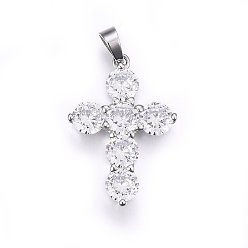 Stainless Steel Color 304 Stainless Steel Pendants, with Cubic Zirconia, Cross, Clear, Stainless Steel Color, 33x23x4.5mm, Hole: 5x7mm