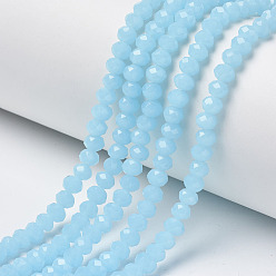 Cyan Chapelets de perles en verre, jade d'imitation, facette, rondelle, cyan, 4x3mm, Trou: 0.4mm, Environ 130 pcs/chapelet, 16.54 pouce (42 cm)