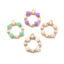 Golden Alloy Pendants, Ring Charms with Flower, with Resin and ABS Imitation Pearl Beads, Mixed Color, Golden, 27x23.5x4.5mm, Hole: 1.8~2mm