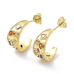 Real 18K Gold Plated Colorful Cubic Zirconia Crescent Moon Stud Earrings, Rack Plating Brass Earrings, Cadmium Free & Lead Free, Real 18K Gold Plated, 15.5x14x7mm