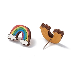 Rainbow Natural Wood Stud Earrings, 316 Stainless Steel Jewelry for Women, Rainbow Pattern, 14x19mm, Pin: 0.6mm