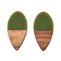 Olive Opaque Resin & Walnut Wood Pendants, Teardrop Shape Charm, Olive, 38x18x3mm, Hole: 2mm