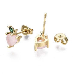 Real 16K Gold Plated Brass Micro Pave Cubic Zirconia Stud Earrings, with Cat Eye and Ear Nuts, Cadmium Free & Nickel Free & Lead Free, Heart, Pink, Real 16K Gold Plated, 8x6mm, Pin: 0.7mm