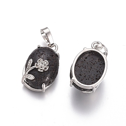Lava Rock Natural Lava Rock Pendants, with Platinum Tone Brass Findings, Oval with Flower, 22x13.8x10.3mm, Hole: 6x3.5mm