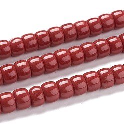 Rojo Oscuro K 9 hebras de perlas de vidrio, perlas de vidrio imitación de jade, columna, de color rojo oscuro, 8~8.5x5.5~6 mm, agujero: 1.4 mm, sobre 67 unidades / cadena, 15.83 pulgada (40.2 cm)