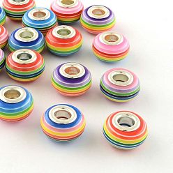 Mixed Color Resin European Beads, Large Hole Beads, with Silver Plated Brass Double Cores, Stripe, Rondelle, Mixed Color, 14x8~8.5mm, Hole: 5mm