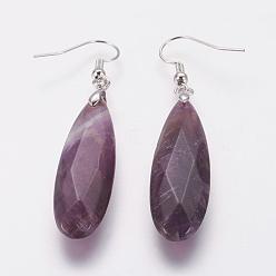 Amethyst Natural Amethyst Dangle Earrings, with Brass Findings, Oval, Faceted, 62mm,Pin: 0.5mm