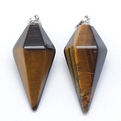 Tiger Eye Natural Tiger Eye Pointed Pendants, with Brass Findings, Bullet, Platinum, 38.5x16x14.5mm, Hole: 5x8mm