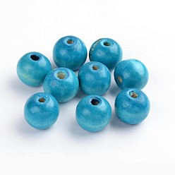 Небесно-голубой Природных шарики древесины, окрашенные, круглые, без свинца, голубой, 10x8.5 мм, отверстие : 3.5 мм, Около 3000 шт / 1000 г