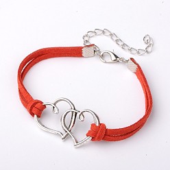 Red Alloy Double Heart Link Bracelets for Valentine's Day, Faux Suede Cord with Alloy Lobster Claw Clasps and Iron Chains, Antique Silver and Platinum, Red, 185x3mm