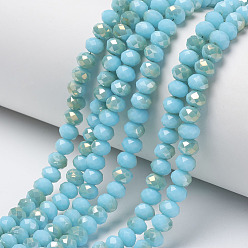 Cyan Electroplate Opaque Glass Beads Strands, Half Rainbow Plated, Faceted, Rondelle, Cyan, 4x3mm, Hole: 0.4mm, about 123~127pcs/strand, 16.5~16.9 inch(42~43cm)