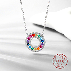 Colorful 925 Sterling Silver Micro Pave Cubic Zirconia Pendant Necklaces, Donut, Colorful, 15.75 inch(40cm)