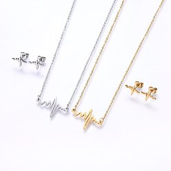Mixed Color 304 Stainless Steel Jewelry Sets, Stud Earrings and Pendant Necklaces, Heartbeat, Mixed Color, Necklace: 18.9 inch(48cm), Stud Earrings: 9x12x1.2mm, Pin: 0.8mm