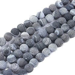 Noir Perles en agate naturelle patinée, teints et chauffée, givré, ronde, noir, 10~10.5mm, Trou: 1.2mm, Environ 38 pcs/chapelet, 14.96 pouce (38 cm)