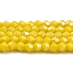 Yellow Opaque Solid Color Electroplate Glass Beads Strands, AB Color Plated, Faceted, Bicone, Yellow, 4x4mm, Hole: 0.8mm, about 87~98pcs/strand, 12.76~14.61 inch(32.4~37.1cm)