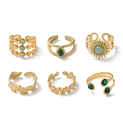 Real 18K Gold Plated 6Pcs 6 Style Leaf & Sun & Teardrop 304 Stainless Steel Open Cuff Rings Set, Synthetic Malachite & Natural Amazonite Stackable Rings, Real 18K Gold Plated, Inner Diameter: 16.7~18.2mm, 1Pc/style