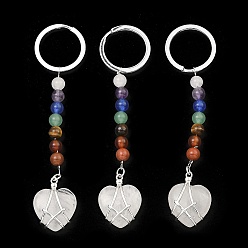 Cristal de Quartz Porte-clés coeur en cristal de quartz naturel, avec perle de pierre précieuse chakra et accessoires en laiton plaqué platine, 10.5 cm