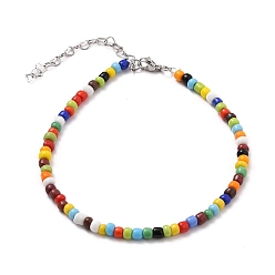 Stainless Steel Color Opaque Glass Seed Beads Anklets, with 304 Stainless Steel Heart Link Chains & Lobster Claw Clasps, Colorful, Stainless Steel Color, 9-1/2 inch(24cm)