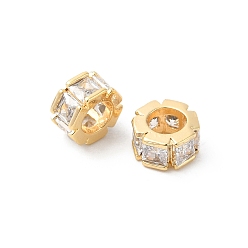 Real 18K Gold Plated Brass Micro Pave Cubic Zirconia Beads, Flat Round, Real 18K Gold Plated, 6.5x3.5mm, Hole: 3.5mm