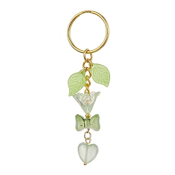 Pale Green Bowknot & Heart Glass Pendant Decorations, with Acrylic Leaf/Flower Charm amd Iron Split Key Rings, Pale Green, 8.8cm
