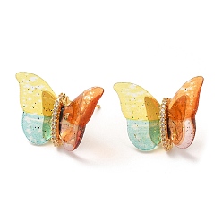 Colorful Film Butterfly Stud Earrings with Cubic Zirconia, Real 18K Gold Plated Brass Earrings, Lead Free & Cadmium Free, Colorful, 17x22~23mm
