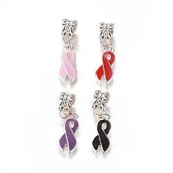 Mixed Color Alloy European Dangle Charms, with Enamel, Silver Color Plated, Awareness Ribbon, Mixed Color, Size: about 28mm long, hole: 5mm, tie: about 8mm wide, 18mm long, 2mm thick.
