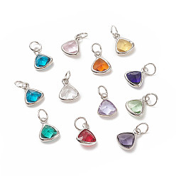 Mixed Color 12Pcs 12 Color Faceted Glass Pendants, Birthstone Charms, with Platinum Brass Cabochon Settings and Iron Jump Rings, Triangle, Mixed Color, 10.5x8x3.5mm, Hole: 3.5mm, 1Pc/color