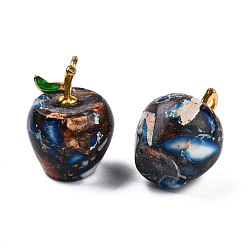 Medium Blue Synthetic Gold Line Imperial Jasper Pendants, with Light Gold Plated Alloy Enamel Loops, Dyed & Heated, Apple, Medium Blue, 18.5x13.5mm, Hole: 2x4mm