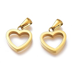 Golden Ion Plating(IP) 304 Stainless Steel Pendants, Manual Polishing, Hollow, Heart, Golden, 16x15x4mm, Hole: 6x2.5mm