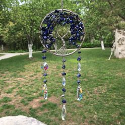 Lapis Lazuli Metal Wire Wrapped Natural Lapis Lazuli Chips Flat Round with Tree of Life Pendant Decorations. Hanging Suncatchers, with Glass Teardrop Charm, 300x80mm