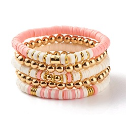 Pink 5Pcs 5 Style Synthetic Hematite & Polymer Clay Heishi Beads Stretch Bracelets Set, Yoga Surfering Stackable Bracelets for Women, Pink, Inner Diameter: 2-1/8~2-1/4 inch(5.5~5.7cm)
