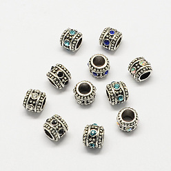 Mixed Color Alloy Rhinestone Rondelle Large Hole European Beads, Antique Silver, Mixed Color, 10x8.5mm, Hole: 5mm