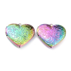 Mixed Color 304 Stainless Steel Locket Pendants, Photo Frame Pendants for Necklaces, Heart with Flower, Rainbow, Mixed Color, 29x28.5x7mm, Hole: 2.1mm