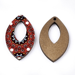 Red Printed Basswood Pendants, Back Random Color, Horse Eye, Red, 34.5x21.5x3mm, Hole: 1.5mm