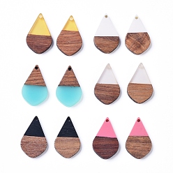 Mixed Color teardrop, Resin & Walnut Wood Pendants, Two Tone, DIY Craft Embellishments, for Jewelry Making, Mixed Color, 28x18x3mm, Hole: 2mm, 12pcs/set