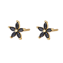 Black Cubic Zirconia Flower Stud Earrings, Golden 925 Sterling Silver Post Earrings, Black, 7.2mm