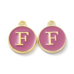 Letter F Golden Plated Alloy Enamel Charms, Cadmium Free & Lead Free, Enamelled Sequins, Flamingo, Flat Round with Letter, Letter.F, 14x12x2mm, Hole: 1.4mm