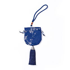 Dark Blue Silk Packing Pouches, Vintage Scented Sachet Perfume Bag, with Tassel, Dark Blue, 32~34cm