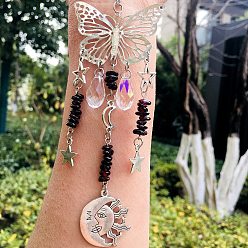 Garnet Teardrop Glass & Metal Butterfly Pendant Decorations, Hanging Suncatchers, with Natural Garnet Chips, for Home Decoration, Moon/Star/Sun, 230mm