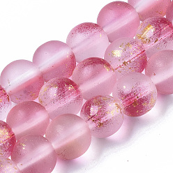 Camélia Brins de perles de verre peintes à la bombe givrée, avec une feuille d'or, ronde, camélia, 8~9mm, Trou: 1.2~1.5mm, Environ 46~56 pcs/chapelet, 14.37 pouces ~ 16.3 pouces (36.5~41.4 cm)