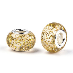 Gold Epoxy Resin European Beads, Large Hole Beads, with Glitter Powder and Platinum Tone Brass Double Cores, Rondelle, Gold, 14x9mm, Hole: 5mm