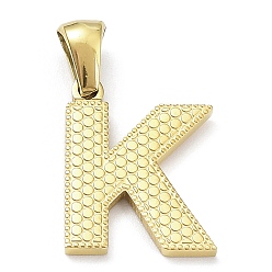 Letter K Revestimiento de iones (ip) 316l colgantes de acero inoxidable quirúrgico, real 18 k chapado en oro, encanto de la letra, textura, letra k, 17x13x1.6 mm, agujero: 3.5 mm