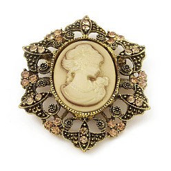 Oro Antiguo Broche de aleación de diamantes de imitación para ropa mochila, con resina, flor con mujeres, oro antiguo, 58x48x13.5 mm