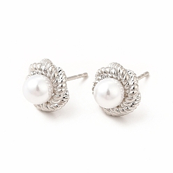 Platinum Rack Plating Brass Stud Earrings for Women, with Plastic Imitation Pearl, Long-Lasting Plated, Lead Free & Cadmium Free, Round, Platinum, 10.5mm, Pin: 0.8mm