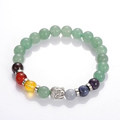 Green Aventurine Buddha Head Gemstone Beaded Stretch Bracelets, with Tibetan Style Beads, Green Aventurine, 55mm