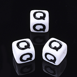 Letter Q Granos de la letra de acrílico, cubo, blanco, letra q, tamaño: cerca de 7 mm de ancho, 7 mm de largo, 7 mm de altura, agujero: 3.5 mm, Sobre 2000 unidades / 500 g